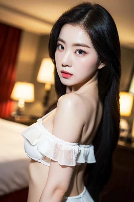 Beautiful Korean girl, hot body, necklace, bracelet, long curly black hair, hourglass body, big breasts, slim waist, nude, masturbation moves, leaking pussy, horny facial expression, small  pussy drops.       The fingers pressed into her pussy, she was wet, lying on the bed, it was dark, the lights were dim.