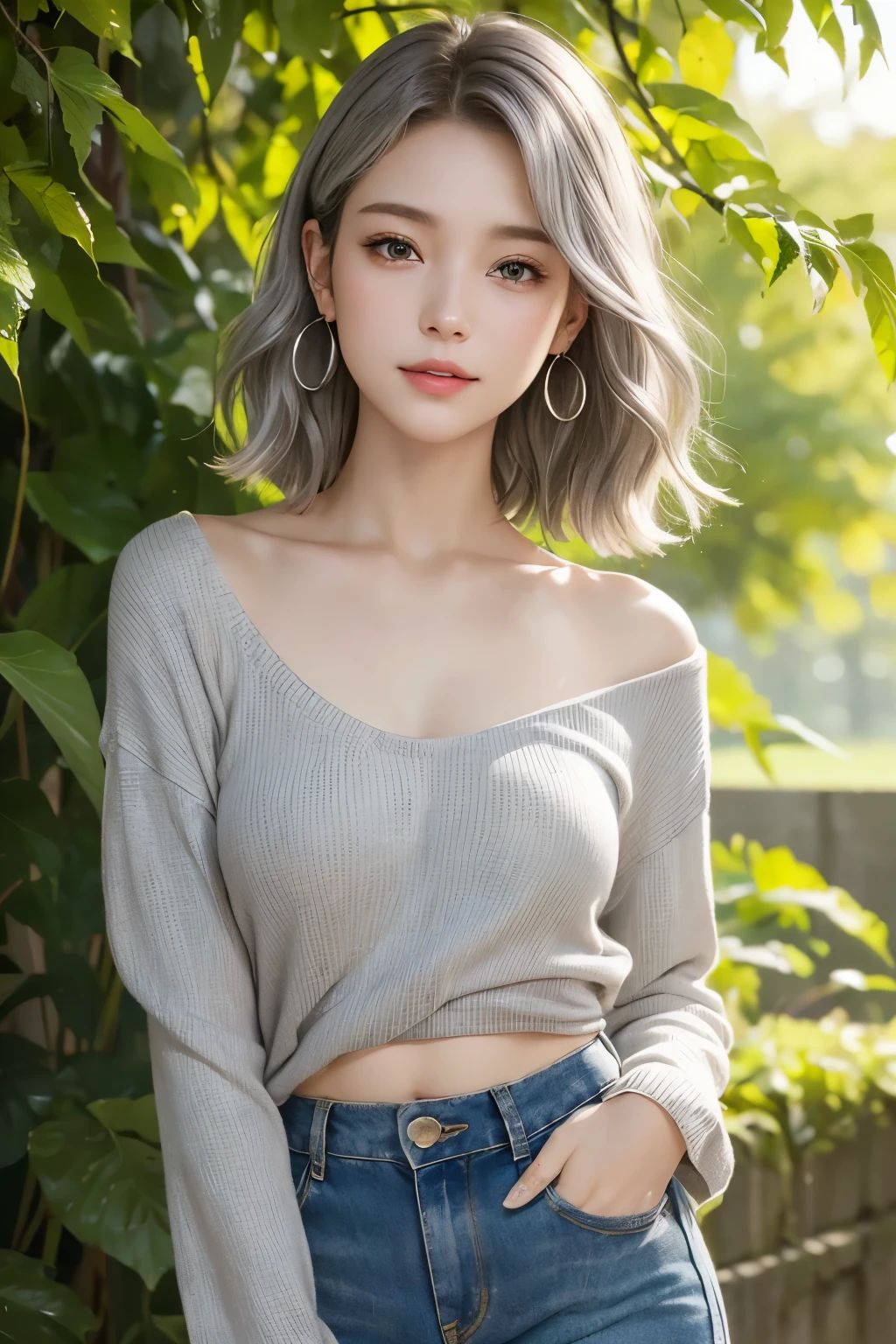 (masterpiece)、(Best Quality)、Super detailed、(Photorealistic)、(Young beautiful woman)、(A gentle smile)、Realistic Skin、((Very delicate and beautiful hazel eyes))、((A slightly dark silver-gray short bob with gentle waves.))、((Small breasts))、A loose, casual long-sleeved blouse in a white, large size that reaches down to the neck、Jean Shorts、jewelry、Hoop Earrings、Close-up、Portrait、Outdoors, green with dead leaves、Soft, weak afternoon sunlight、Blurred Background、Depth of written boundary、Dramatic atmosphere、Atmospheric Perspective、Soft Focus、Deep Shadows、Signs of autumn、