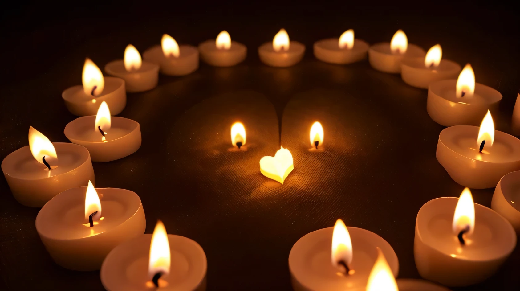 Lit candles forming a bright heart in the dark, representing eternal love.