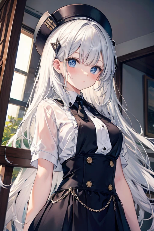 masterpiece, highest quality, High resolution，Anime Style、Silver Hair、Long Hair、blue eyes、Cafe、Baggy sleeveless top