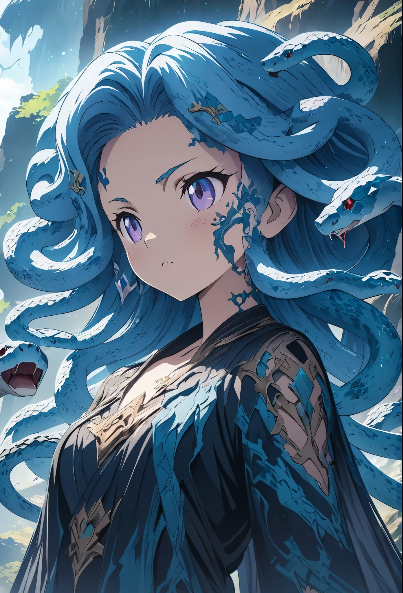 (masterpiece:1.2), (Best Quality:1.2), Ultra-high resolution, Very detailed, Medusa Girl, (Snake Hair:1.5),Blue Hair,Otherworldly fantasy, cute, Digital anime art,Anime style illustration,Anime illustration,Long Hair, Snake details