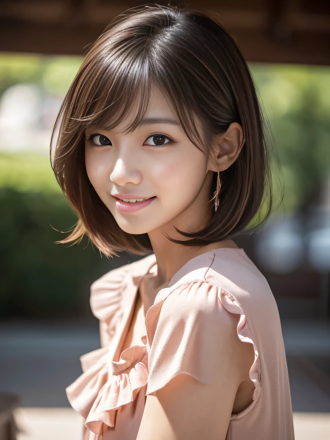 super high quality, smile, Slenderのネックレス, Slender, Gravure photoshoot, The staff is working at the counter in the back., (8k、RAW Photos、Highest quality、masterpiece:1.2), Japanese Idol, Stylish café, Fashion magazine photoshoot, (Realistic、Photorealistic:1.37), Mesh Hair, Urban Cafe, Golden Ratio, Raw photo, Cute face , Light Brown Hair, Small breasts, Bright cafe interior, Blurred Background, Beauty salon model, Summer clothes, Cafe Terrace, Open Cafe, Photographed inside the cafe, Hair blowing in the wind, Neat clothes, boyish, Very Short Hair, 18-year-old, Stylish clothes, 
