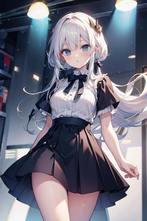 <lora:microdress_v0.2:1.0> 1girl, microdress, blue dress, frilled dress, thigh gap, looking back, frilled skirt,, masterpiece, best quality, highly detailed