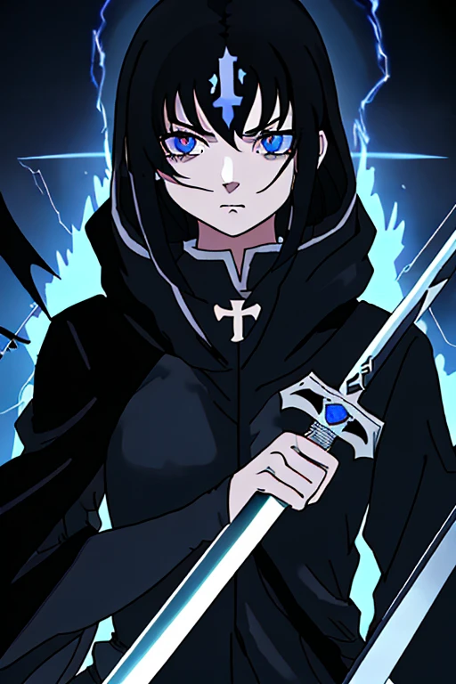 Anime characters with black hair holding the sword of justice. She has blue eyes too.. Black hair. World, where there is a war between demons and humans. realistic anatomy, best quality, masterpiece, High resolution, in detail, High detail, Concentration line, Trembling, illustration, movie poster, superpower magic strike, and hood