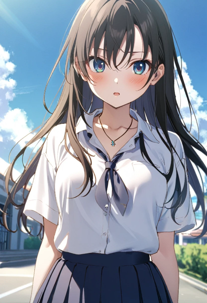 shoukomakinohara, shouko makinohara, Long Hair, blue eyes, Black Hair, Braiding, happy smile, smile, Open your mouth,
break skirt, shirt, , white shirt, Short sleeve, Pleated skirt, collared shirt, White pantyhose,(Black Skirt:1.5), Brown loafers,Sweater vest, (yellow Sweater vest:1.5),morning,morning陽,The sun is rising,Walking,whole bodyがイラストに入るように,Looking up from below,
break outdoors, In town,Building district,
break looking at viewer, whole body,
break (masterpiece:1.2), highest quality, High resolution, unity 8k wallpaper, (figure:0.8), (Beautiful fine details:1.6), Highly detailed face, Perfect lighting, Highly detailed CG, (Perfect hands, Perfect Anatomy),