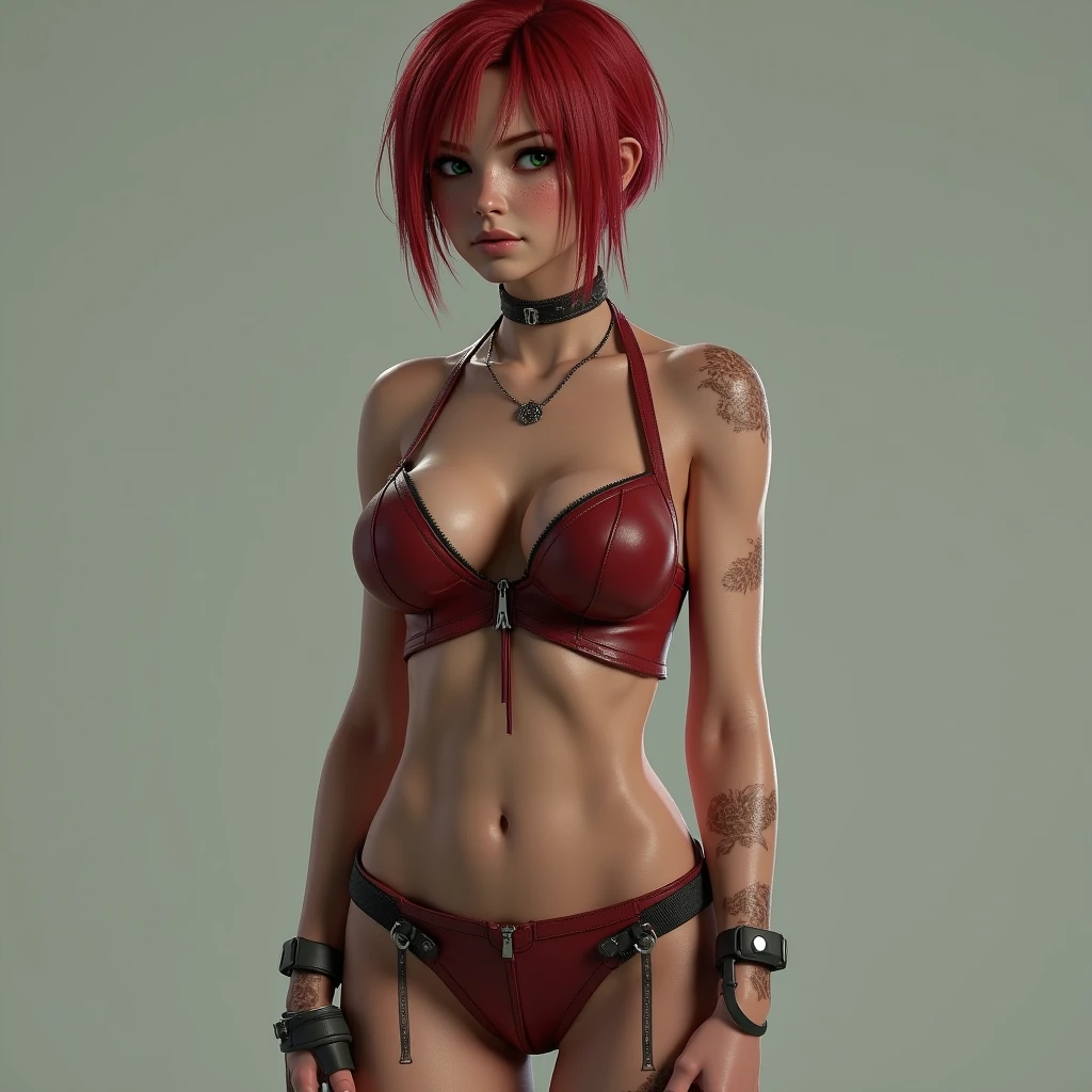 (((1girl, 1woman, alone, solo))), ((gwendolyn_tennyson, big breasts, shaved side hair, fitness, short hair, wide hips, malicious)), ((pink lipstick, Extremely detailed, ambient soft lighting, 4k , perfect eyes, a perfect face, perfect lighting, a 1girl)) , ((fitness, muscular, shapely body, athletic body, toned body)), ((arafed woman with tattoos and a leather jacket posing for a picture, inked, tattooed, with tattoos, tattooed body, tattooed pinup, fully tattooed body, tattoos and piercings, red bra, inked and colored, sexy girl, tatoos, tattoos, skulls at her hips, looking hot, gorgeous woman, beutiful, red hot, red jacket))