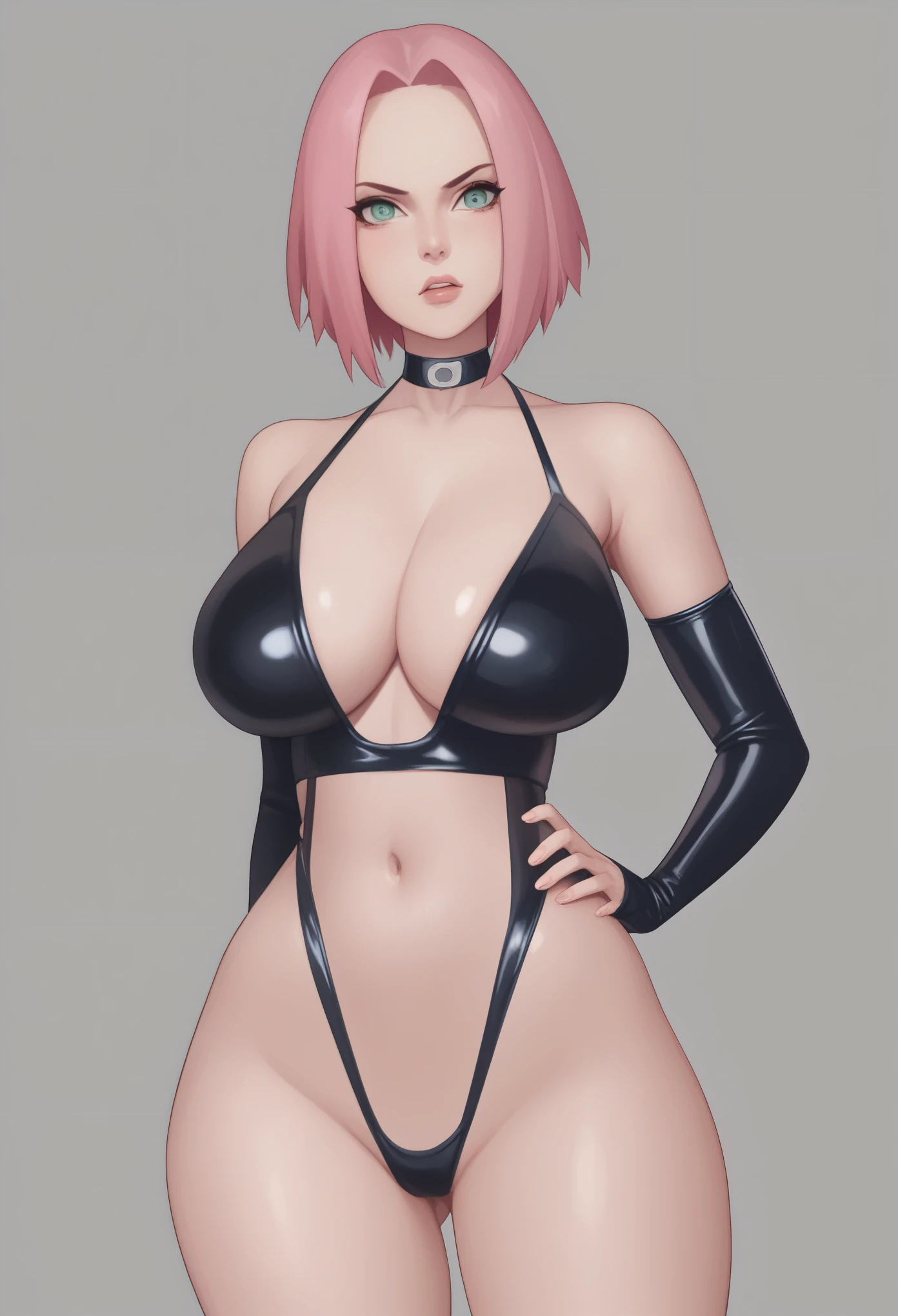 Haruno Sakura. short pale pink hair, large light green eyes, a large forehead, thin lips, Huge saggy breasts and very fair skin. huge hips. An angry expression on his face. choker. latex suit. bar.