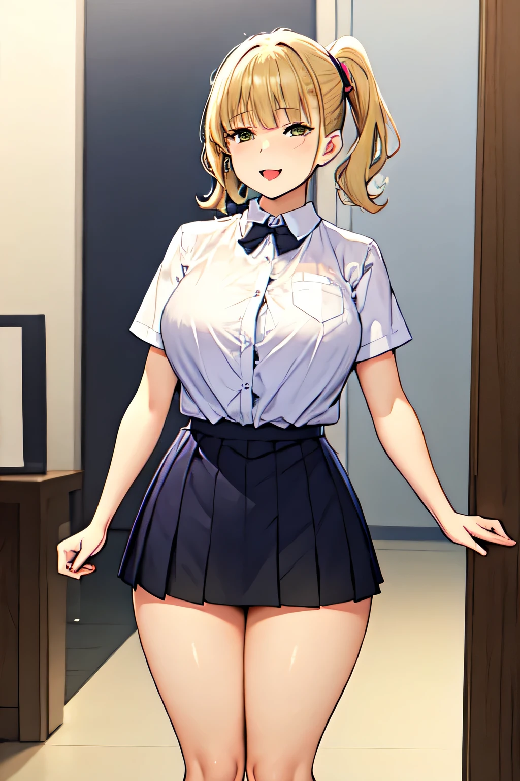 standing . wearing short skirt . white short sleeve shirt . female student . 