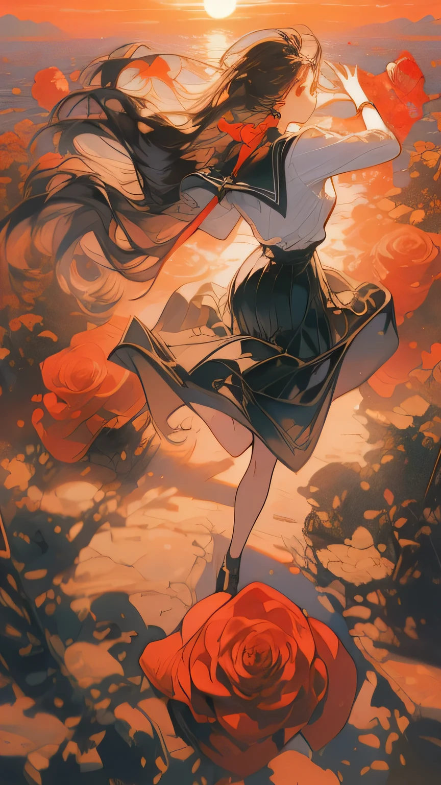 (best quality, 4K, high resolution, masterpiece:1.2), full body A beautiful girl, flowy long black hair, school uniform, running towards the sunset, Extremely detailed. bright colors, vivid, bright, red roses, running towards the sunset