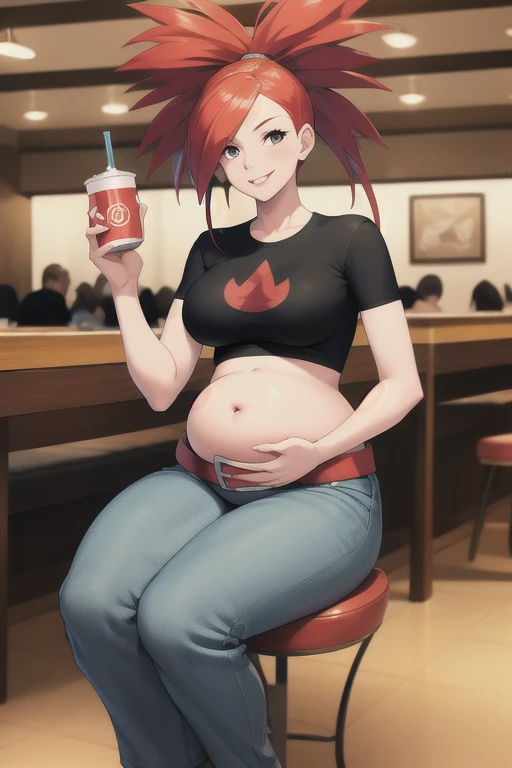 masterpiece, best quality, 1 pregnant girl, rseFlannery, black shirt, midriff, red belt, jeans, sitting, soda, indoors, restaurant, food, smile, third trimester of pregnancy