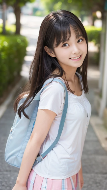 (8k),(masterpiece),(Japanese),(8-year-old girl),((innocent look)),((Childish)),From the front and above,smile,cute,Innocent,Kind eyes,Plain T-shirt,Short sleeve,Short skirt with blue check,semi-long,Hair blowing in the wind,Black Hair,Somewhat strong wind,noon,bright