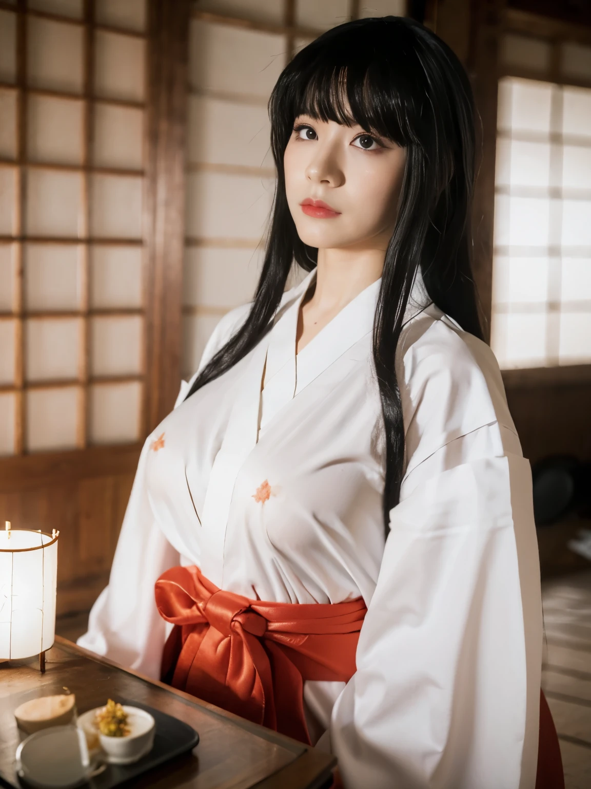 (masterpiece, highest quality), 16K HDR, ultra high resolution, professional lighting, cinematic lighting, perfect RAW photo, 1 girl, alone, black long hair, ultra realistic photo of Kikyo Miko, (ultra slim waist, perfect slim body style), (bare shoulder:1.1, kimono, red hakama, wide sleeves, long sleeves, ribbon-trimmed, sleeves), (((extremely ultra huge natural breasts, extremely ultra huge natural cleavages, extremely ultra huge natural boob, extremely ultra huge natural tits))), (indoors, ultra realistic interior of abandoned Japanese temple, ultra detailed interior of abandoned Japanese style temple), (nsfw:1.5), (ultra realistic vacuum fellatio pose:1.5, ultra detailed vacuum Fellatio scene:1.5), 