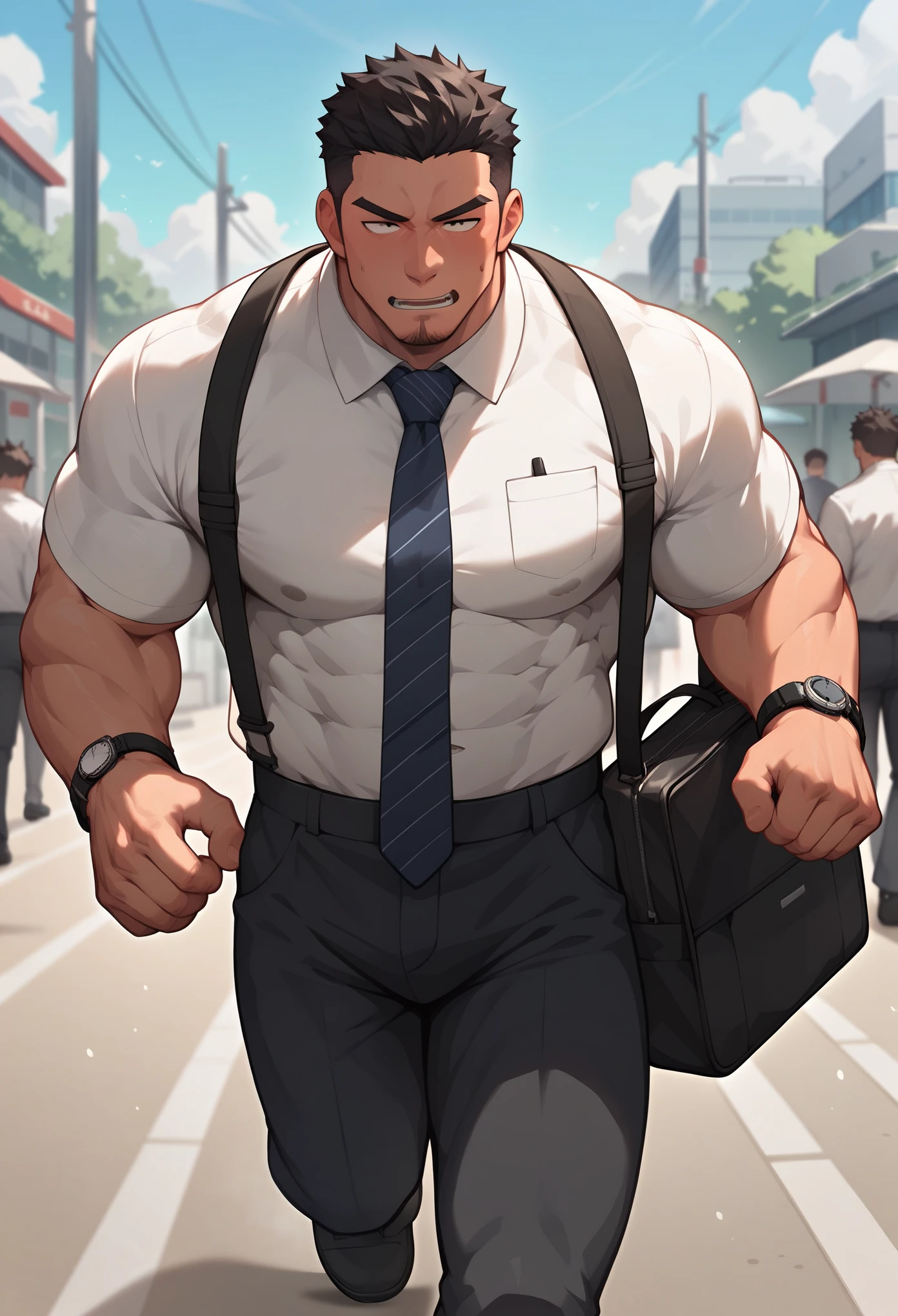 Japanese, male, black hair, short hair, station platform, white shirt, tie, black slacks, black business bag, slightly hairy, muscular, running, panicked face, wristwatch, office worker