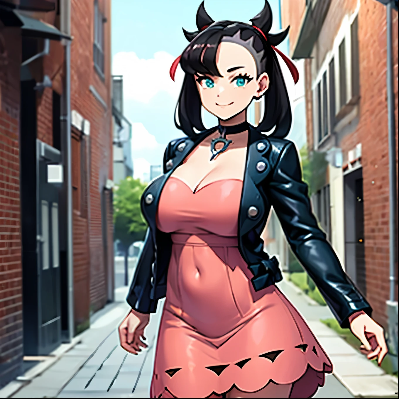 Perfect CG unity 8K UHD wallpaper, Perfect CG unity 8K UHD wallpaper, perfect masterpiece, best quality, best resolution, marnie, aqua eyes, black choker, red ribbon, pink dress, jewelry, black jacket, open clothes, long sleeves,  solo, smiling, looking at viewer, cowboy shot,  contrapposto, large breasts, microdress, crochet dress, strapless dress, outdoors, alleyway, city, skindentation