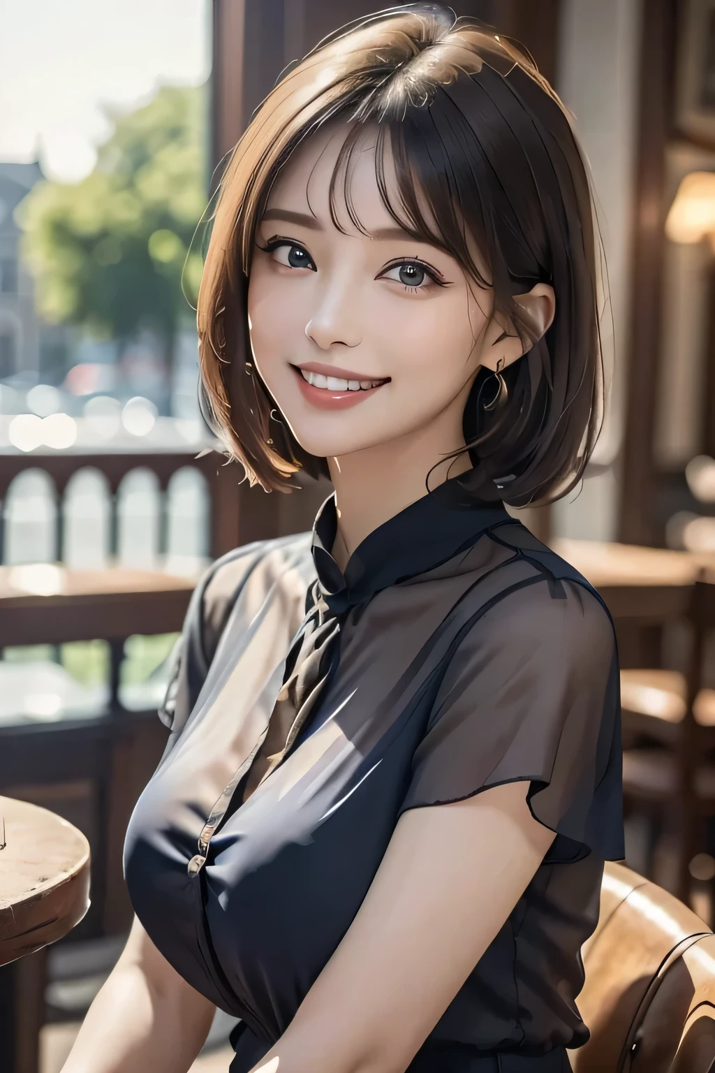 (masterpiece, Best Quality, Realistic, Very detailed, Delicate details, High resolution, 8K wallpaper), (1 Beautiful Woman), Beautiful Eyes, Double eyelids, Beautiful eyelashes, Grin, (Beautiful Teeth), ((Huge breasts)), (Wear a navy blue transparent blouse), Charming atmosphere, Bewitching atmosphere, (background: In a great pub, Blurring), At night, Light Brown Hair, Perfect Dynamic Composition, 美しくてBeautiful Eyes、Big earrings、Sit on a chair