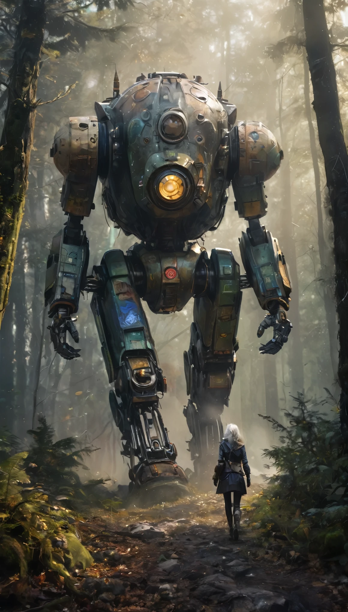 (masterpiece), (anime style), (ultra detailed), (beautiful), (UHD, HDR), (8k), (highres:1.2), (intricate and beautiful:1.2), (dramatic lighting:1.2), a steampunk highly detailed mech, walking with a woman in a misty forest, white hair, detailed clothes, grainy photo, shallow depth of field, By Jean Baptiste Monge, By Karol Bak, By Carne Griffiths, by Jean Baptiste Monge, Michael Garmash, Masterpiece, Unreal Engine 3D; Symbolism, Colourful, Polished, Complex; UHD; D3D; 16K, Full Color Painting, Low Contrast, Soft Cinematic Light, Exposure Blend, HDR, Front, 8k intricate details, iridescent, vivid colours, trending on artstation., cinematic, poster, dark fantasy, photo, graffiti, with big bear