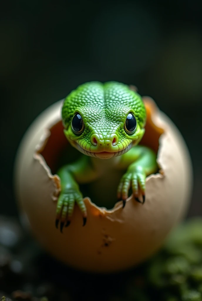 highly detailed portrait image of a green snake baby that cracking it's egg for the first time facing the world, dramatic picture, cinematic motion blur.