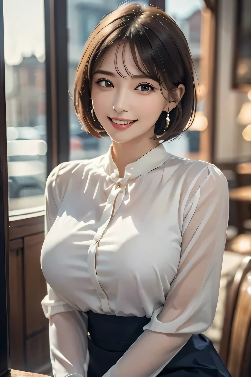 (masterpiece, Best Quality, Realistic, Very detailed, Delicate details, High resolution, 8K wallpaper), (1 Beautiful Woman), Beautiful Eyes, Double eyelids, Beautiful eyelashes, Grin, (Beautiful Teeth), ((Huge breasts)), (Wear a navy blue transparent blouse), Charming atmosphere, Bewitching atmosphere, (background: In a great pub, Blurring), At night, Light Brown Hair, Perfect Dynamic Composition, 美しくてBeautiful Eyes、Big earrings、Sit on a chair