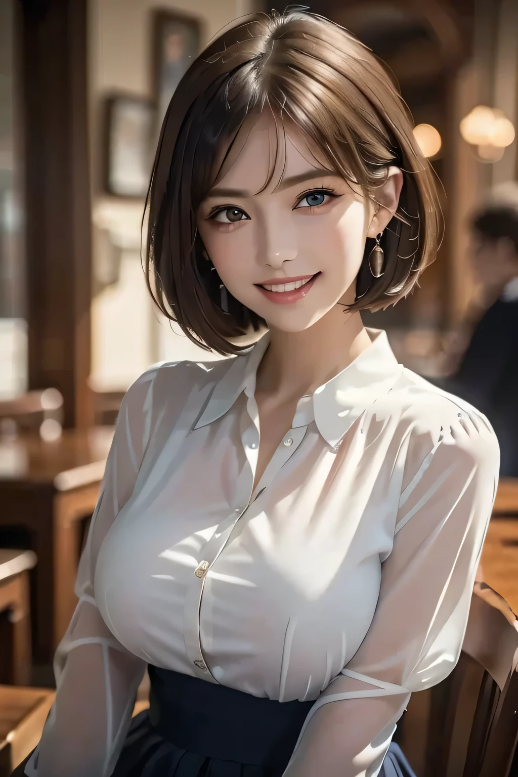 (masterpiece, Best Quality, Realistic, Very detailed, Delicate details, High resolution, 8K wallpaper), (1 Beautiful Woman), Beautiful Eyes, Double eyelids, Beautiful eyelashes, Grin, (Beautiful Teeth), ((Huge breasts)), (Wear a navy blue transparent blouse), Charming atmosphere, Bewitching atmosphere, (background: In a great pub, Blurring), At night, Light Brown Hair, Perfect Dynamic Composition, 美しくてBeautiful Eyes、Big earrings、Sit on a chair