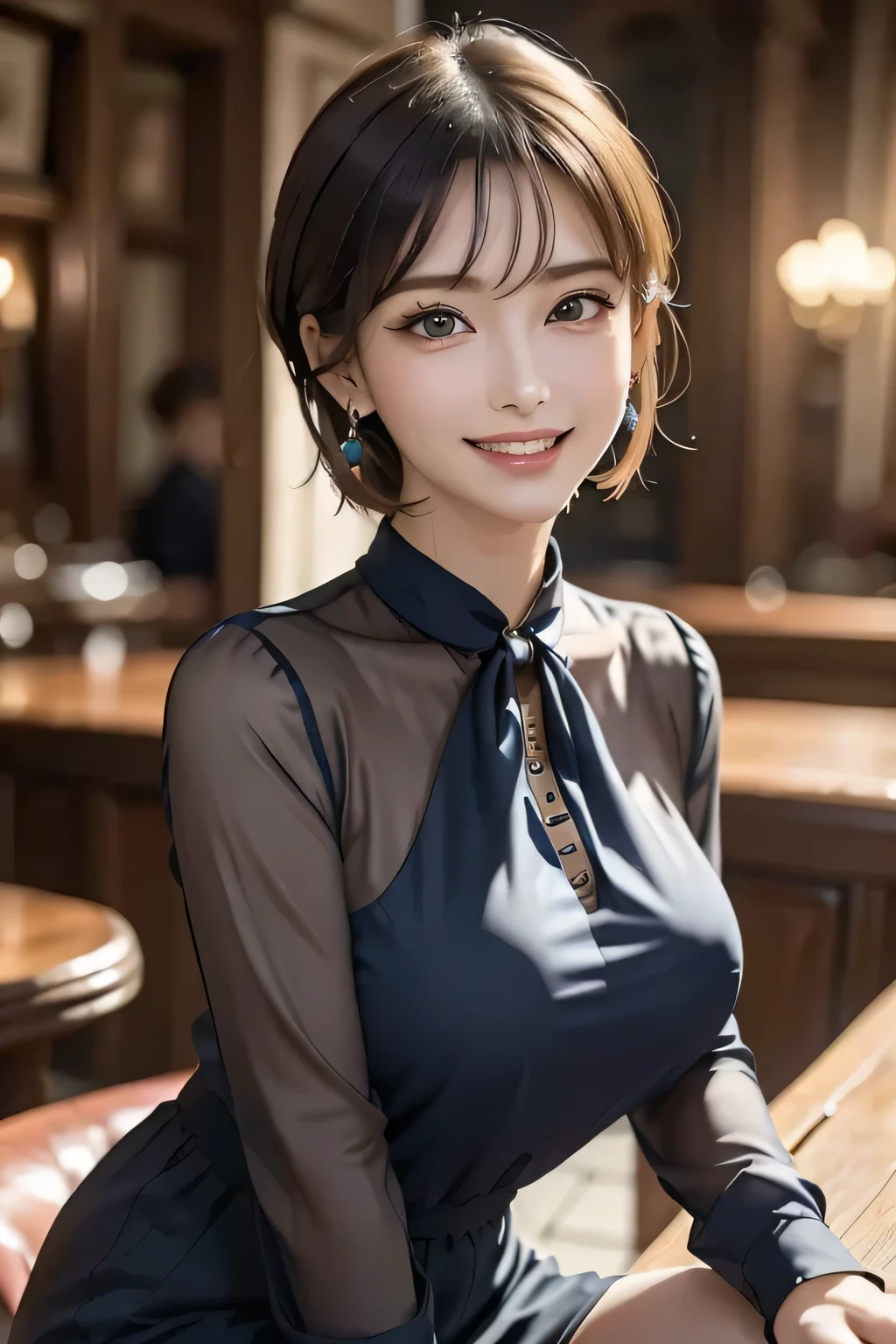 (masterpiece, Best Quality, Realistic, Very detailed, Delicate details, High resolution, 8K wallpaper), (1 Beautiful Woman), Beautiful Eyes, Double eyelids, Beautiful eyelashes, Grin, (Beautiful Teeth), ((Huge breasts)), (Wear a navy blue transparent blouse), Charming atmosphere, Bewitching atmosphere, (background: In a great pub, Blurring), At night, Light Brown Hair, Perfect Dynamic Composition, 美しくてBeautiful Eyes、Big earrings、Sit on a chair