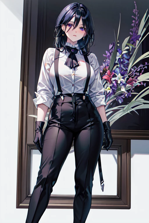 (best quality, masterpiece), 1women ,4k, 8k, uhd, hdr, detailed background,, wearing a white button-up shirt with a black tie, black suspenders over the shirt, black gloves, black pants, , full body, giclorinde, purple eyes, large breasts, hair between eyes, long hair, dark blue hair, earrings