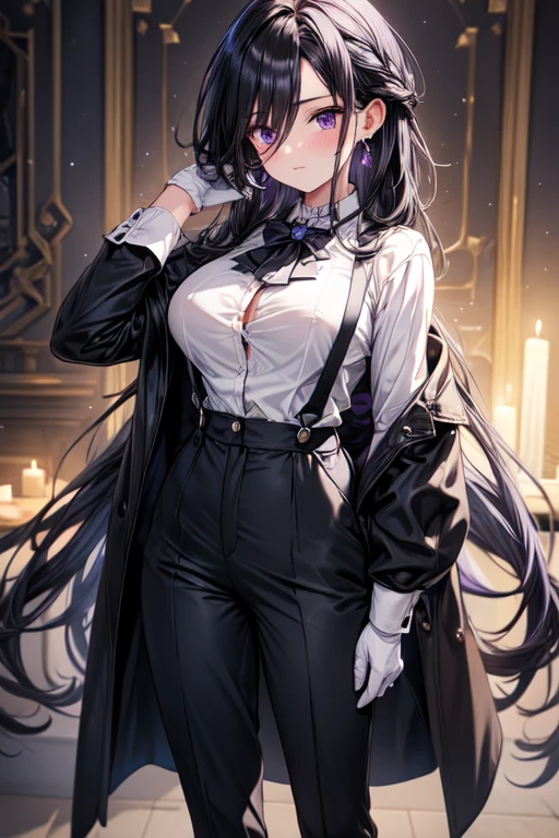 (best quality, masterpiece), 1women ,4k, 8k, uhd, hdr, detailed background,, wearing a white button-up shirt with a black tie, black suspenders over the shirt, black gloves, black pants, , full body, giclorinde, purple eyes, large breasts, hair between eyes, long hair, dark blue hair, earrings