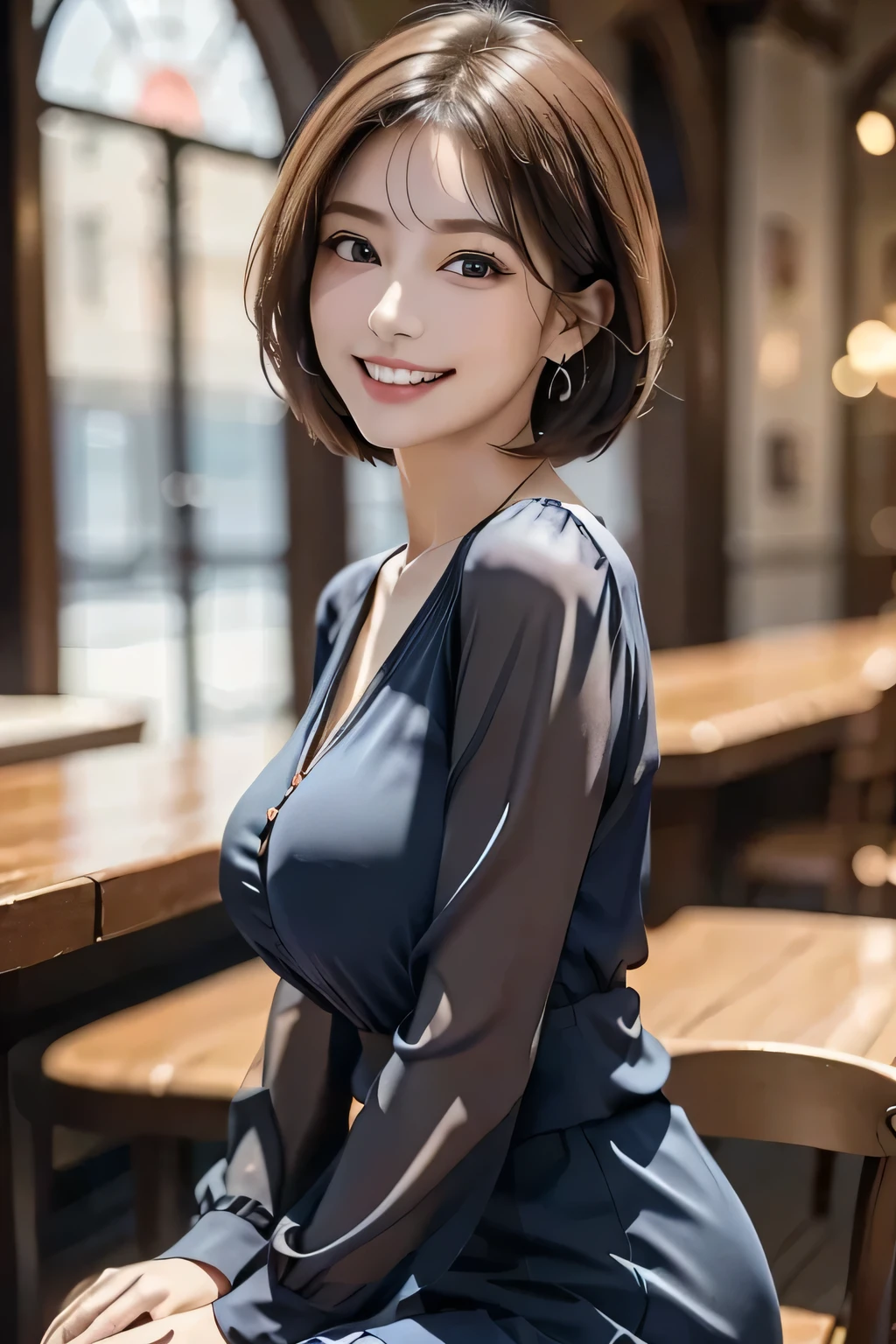 (masterpiece, Best Quality, Realistic, Very detailed, Delicate details, High resolution, 8K wallpaper), (1 Beautiful Woman), Beautiful Eyes, Double eyelids, Beautiful eyelashes, Grin, (Beautiful Teeth), ((Huge breasts)), (Wear a navy blue transparent blouse), Charming atmosphere, Bewitching atmosphere, (background: In a great pub, Blurring), At night, Light Brown Hair, Perfect Dynamic Composition, 美しくてBeautiful Eyes、Big earrings、Sit on a chair