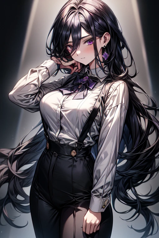 (best quality, masterpiece), 1women ,4k, 8k, uhd, hdr, detailed background,, wearing a white button-up shirt with a black tie, black suspenders over the shirt, black gloves, black pants, , full body, giclorinde, purple eyes, large breasts, hair between eyes, long hair, dark blue hair, earrings