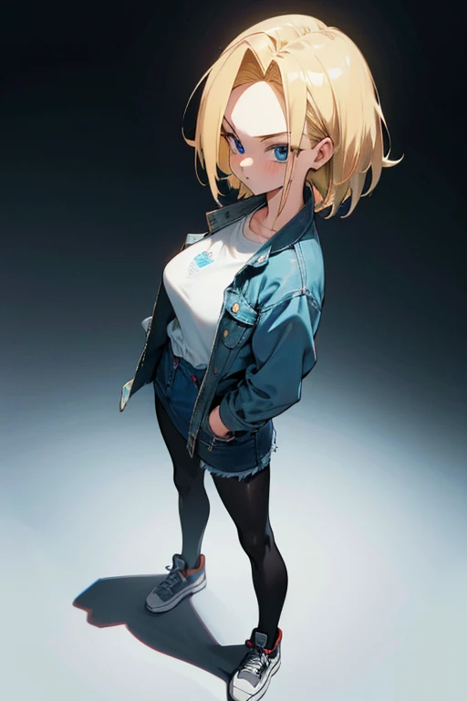 official style, anime coloring, android 18, dragon ball, very aesthetic, best quality, intricate, overall detail, nsfw, 1 girl, blonde hair, blue eyes, medium breasts, denim jacket, denim skirt, black pantyhose, sneakers, standing, white background, facing the front, straight-on, close to viewer, full body, face focus, intricate, hyper-detailed, 100-layer, {{{{ultra-high resolution}}}}, {{{hi-vision anime}}},from front,8k,full body,looking back,standing,Depth and Dimension in the Pupils