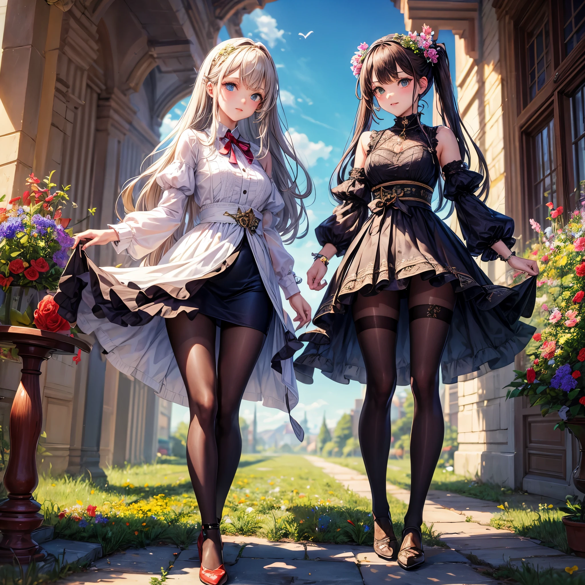 Anime Style、Storytelling、Very big cat、Petting a cat with your hand、Cat reaching out to girl、A girl with a fighting spirit and a cat、beautiful girl、とてもcute天使、Pink Gothic Dress、cute、Baby Face、smile、Long skirt、Black long boots、Very cute headband、
