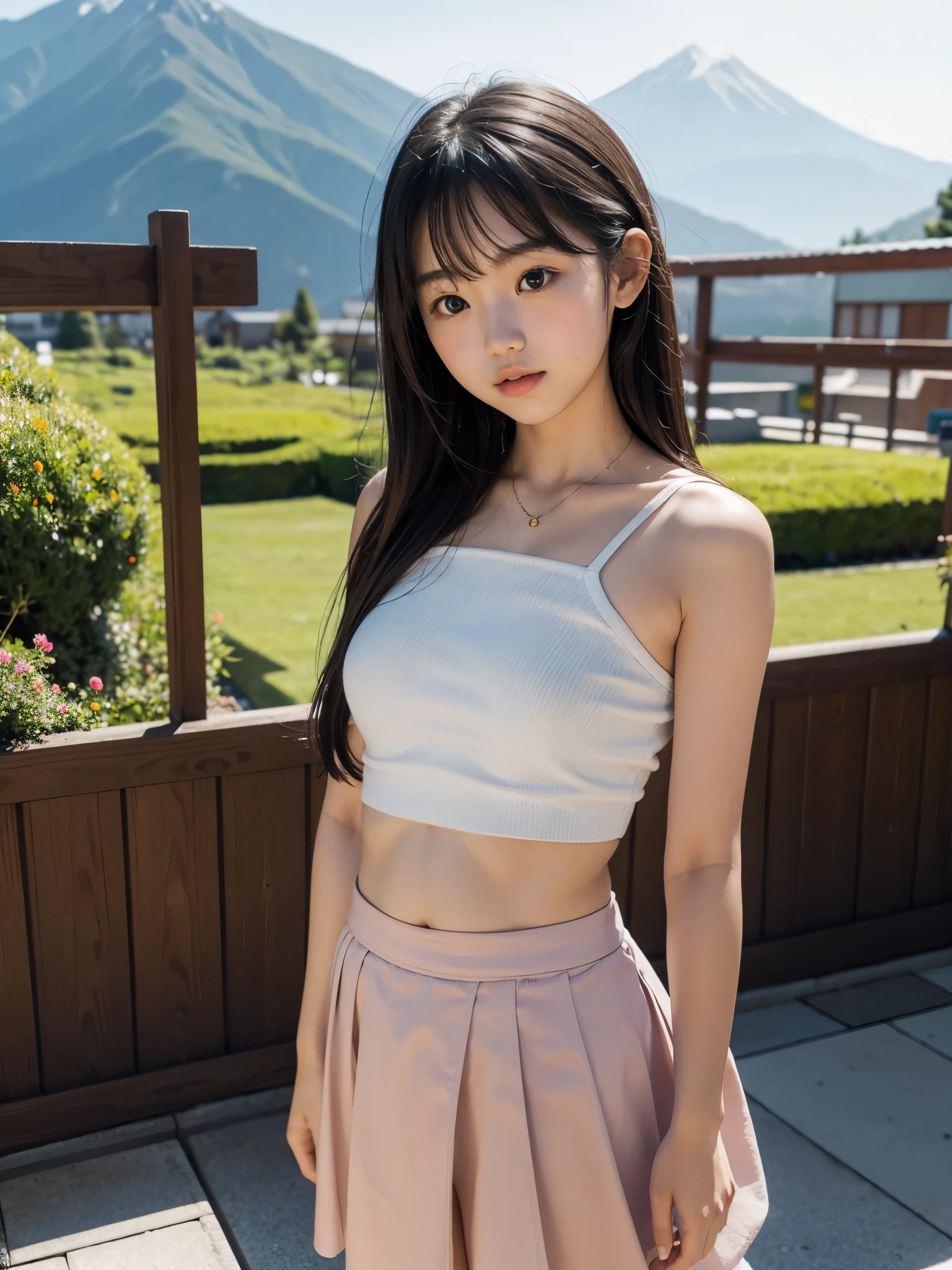 cute girl, 16 years old, miniskirt, shirt with open chest, cute panties, front, from below, in the park, exposed big breasts, sexy panties,
