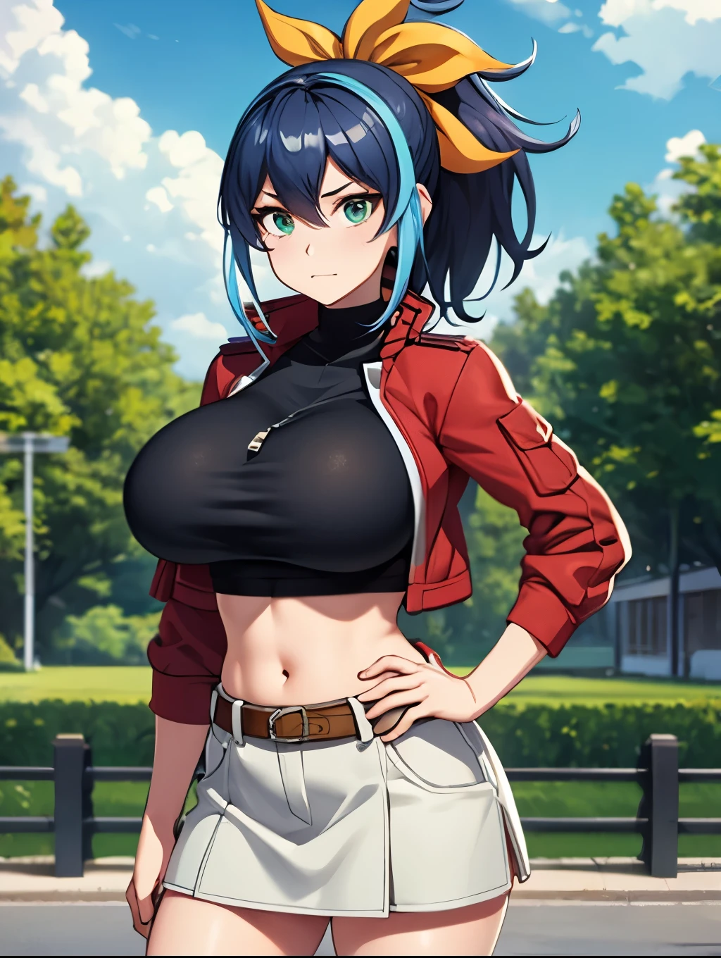 Perfect CG unity 8K UHD wallpaper, Perfect CG unity 8K UHD wallpaper, perfect masterpiece, best quality, best resolution, cowboy shot, looking at viewer, aaserena, ponytail, multicolored hair, red jacket, black croptop, belt, white skirt, outdoors, park, standing, huge breasts, midriff