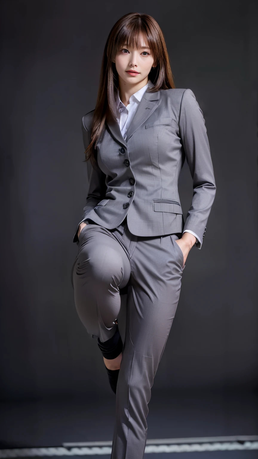 Best Quality, masterpiece, Ultra-high resolution, (Realistic:1.4), RAW Photos, Very detailed, Perfect Anatomy, One Woman, Age 25, ((Wearing dark grey business suit pants with buttocks facing up:1.4)), Shut your mouth., Show me your ass, ((Very beautiful brown hair, Long Hair)), (bangs),Very beautiful slender body, Very beautiful breasts, (Very beautiful ass in business suit pants), Very beautiful slim thighs, Very beautiful realistic skins,  (Beautiful big ass), Beautiful thighs, Beautiful ankles, ((A full-body photo of a person in a business suit doing a high kick:1.4)), (barefoot)
