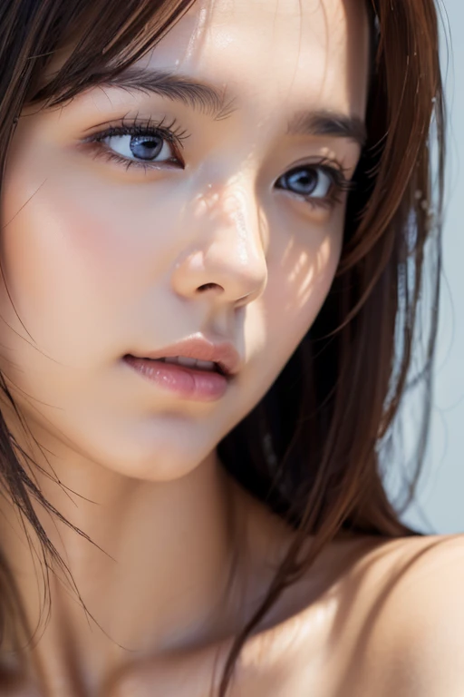 The most beautiful woman, close up of face, perfect skin, symmetrical face, bright blue eyes, wavy hair, perfect face, perfect skin, mild freckels