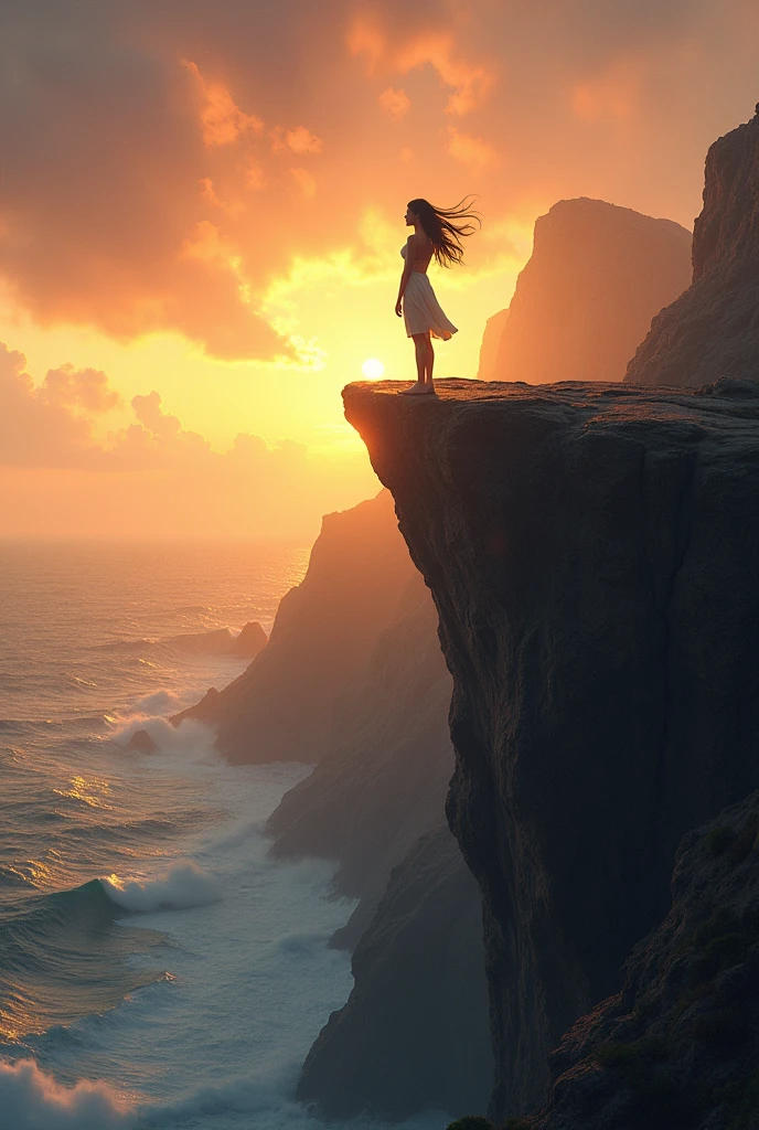 Man long black hair, bushy beard standing on high rock, The wind blows hard and swirls her hair, white pants thin fabric, slim bare torso, open arms looking towards the red sky, about to jump into the fierce waterfall that falls under his feet away from the setting sun and nature realistic image high quality