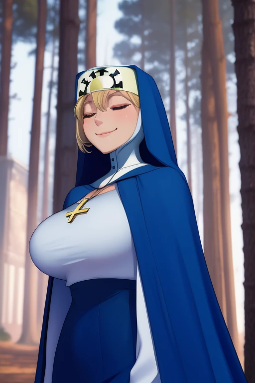 Double, short blonde hair, nun uniform, medium breasts, solo, 1girl, smile, white gloves, closed eyes, blue habit, cape, cape underneath body, cross necklace, nun, long skirt, forest,