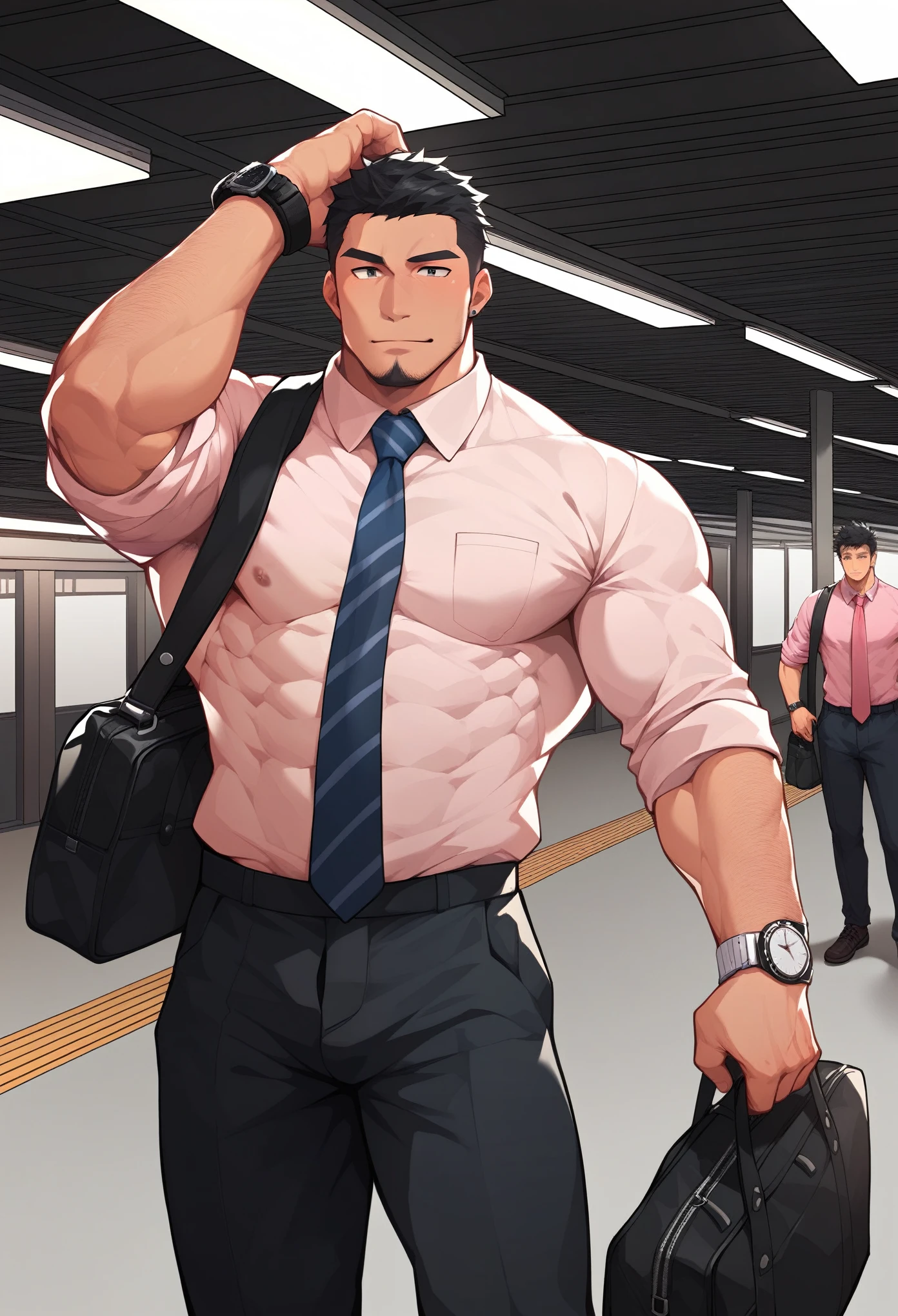 Japanese, male, black hair, short hair, station platform, pink shirt, tie, black slacks, black business bag, slightly hairy, muscular, wristwatch, office worker