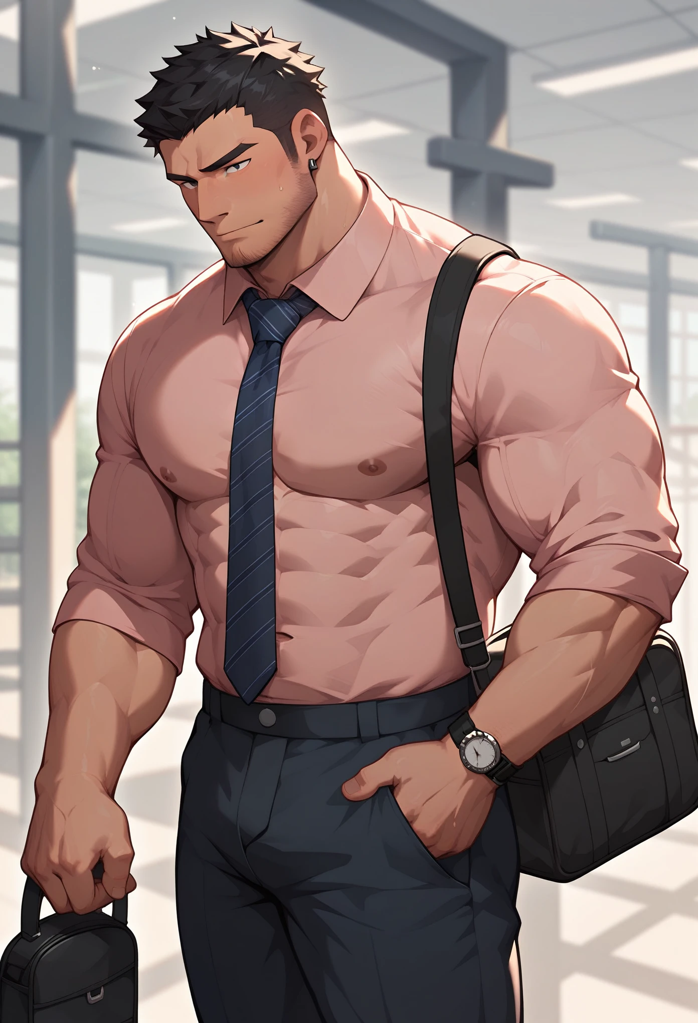 Japanese, male, black hair, short hair, station platform, pink shirt, tie, black slacks, black business bag, slightly hairy, muscular, wristwatch, office worker