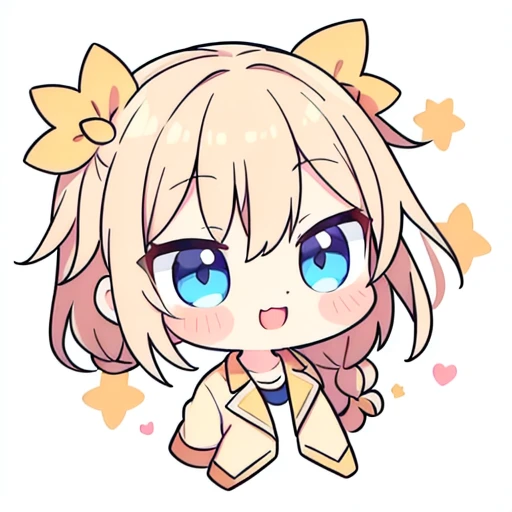 chibi emoji of an anime girl with reddish-blonde hair, blue eyes, and thick twin braids, wearing a cute outfit with pastel colors. Ensure her expression is cheerful and friendly, with a hint of mischief.