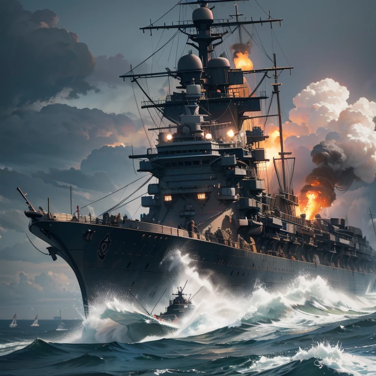 a massive battleship from world war 2, intense naval battle, waves crashing against the hull, smoke and fire, explosions, crew members in action, dramatic lighting, gritty realism, cinematic composition, photorealistic, hyper detailed, 8k, dramatic sky, moody colors, (best quality,4k,8k,highres,masterpiece:1.2),ultra-detailed,(realistic,photorealistic,photo-realistic:1.37)