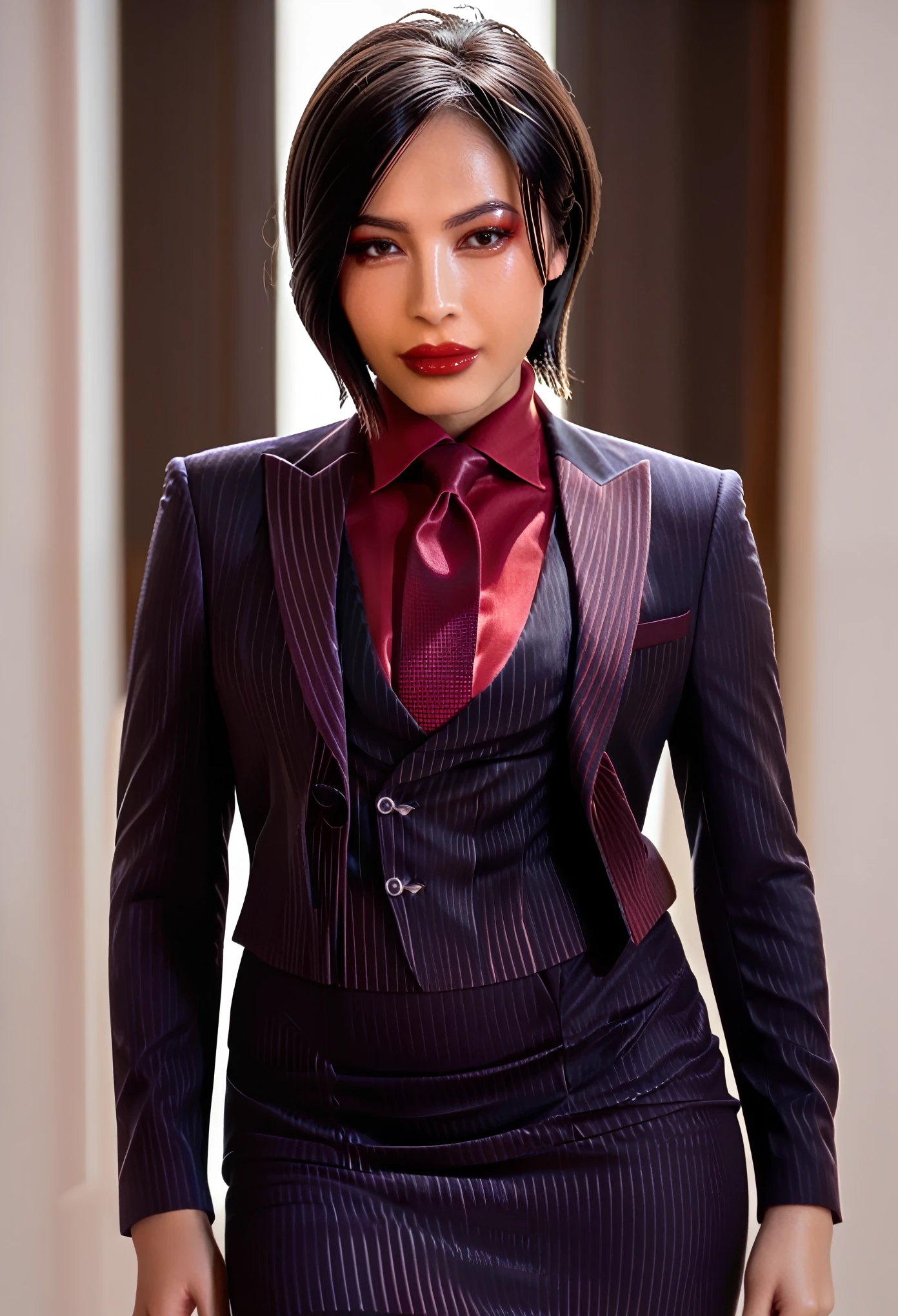 score_9, score_8_up, score_7_up, ada wong, awong_re4rm, three-piece suit, ((waistcoat)), black pinstripe skirt suit, dress shirt, red silk necktie, blazer, suit jacket, bodycon pencil skirt, red shirt, suit trim, makeup, lipstick, black pantyhose, 1girl, posing, petite, perfect face, closeup, looking at viewer, depth of field, face focus, waist up