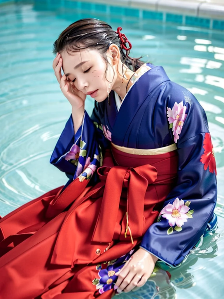 Long-sleeved kimono, hakama, long hakama, long long-sleeved kimono, wet clothes, floral kimono, soaking wet clothes, wet and shiny clothes, clothes with a wet texture, clothes clinging to the body, being submerged in water, pool, sleeping woman, sleeping face