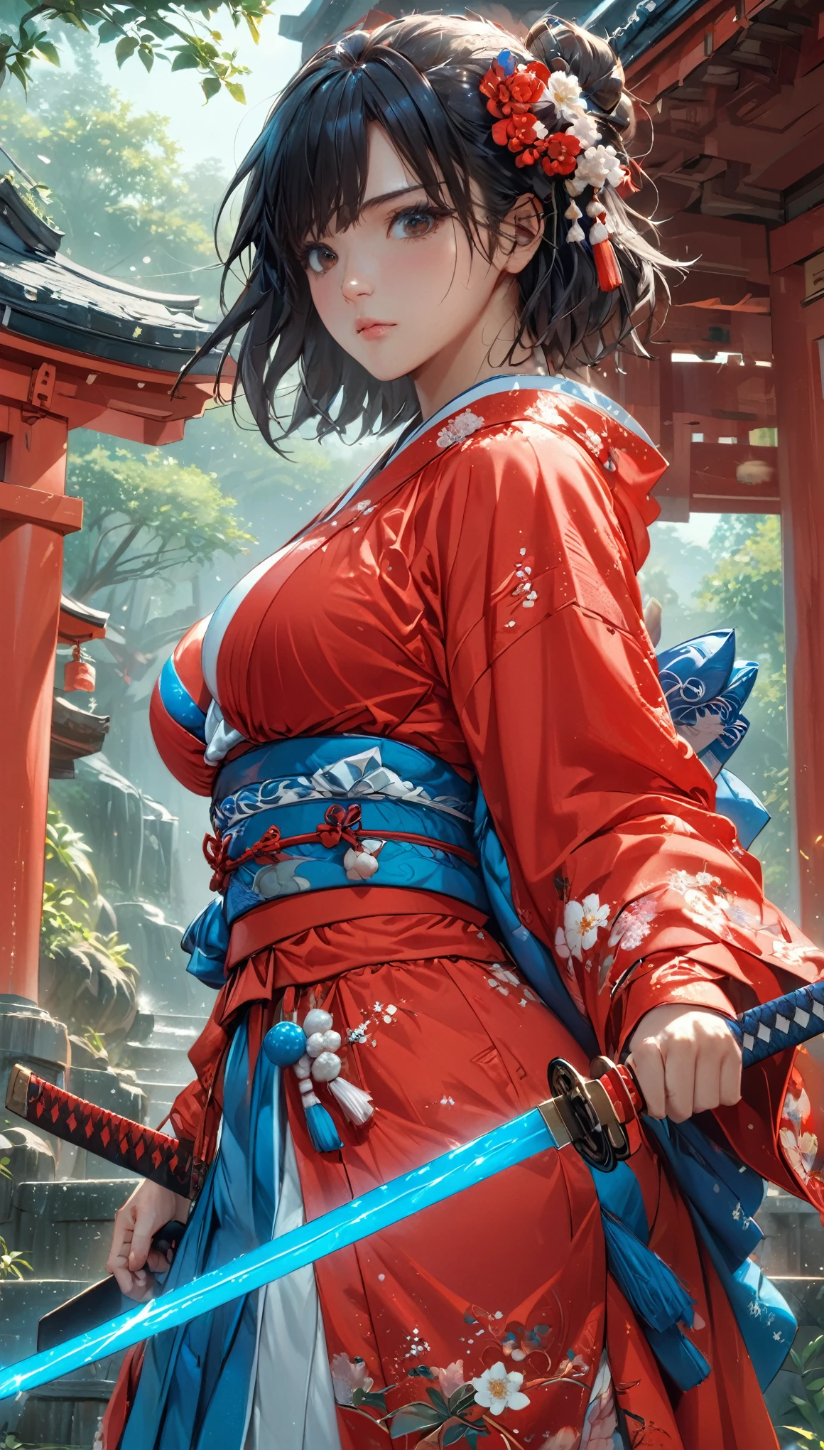 best quality,4k,8k, highres, masterpiece:1.2), extremely detailed eyes, extremely detailed body, (large masterpiece digital art), (detailed manga illustration), (detailed line art), ((perfect anatomy)), (intricate details:1.3), (ultra-detailed:1.3), (illustration:1.3), (sharp focus:1.3), (natural lighting:1.05), (vivid colors:1.3), (masterpiece), best quality, expressive eyes, perfect face, full body 1 girl, breasts, cleavage, gloves, large breasts, traditional clothes, cerulean clothes, black hair, short hair, messy hair, dark brown eyes, hourglass physique, loose-fitting pants, fighting stance, large ass, pale skin, shrine maiden, tomboy, combat boots, cinematic lighting, dramatic atmosphere, Beautiful woman, katana in hand, Jeff Bridges, ((cartoon style)), Marvel Cinematic Universe style, (((Japanese shrine in the background))), soft bokeh of Japan, Atey Ghailan, Jeremy Mann, Greg Manchess, Antonio Moro, trend in ArtStation, trend in CGSociety, Intricate, High Detail, Sharp focus, dramatic and photorealistic painting art by Midjourney and Greg Rutkowski,