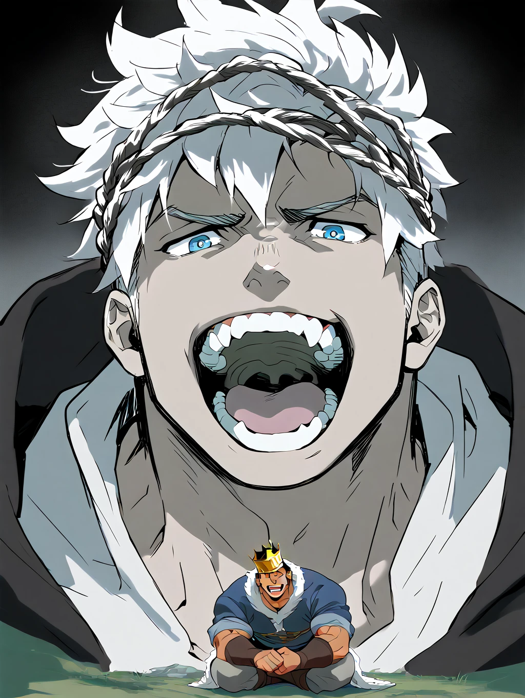 bara,crown, king, male focus, muscular male, giant, dangling a tiny human above his open mouth, vore, hungry expression, tanned， medieval king, hungry, BREAK ，score_9, score_8_up, score_7_up, score_6_up, score_5_up, score_4_up (Zoroj)