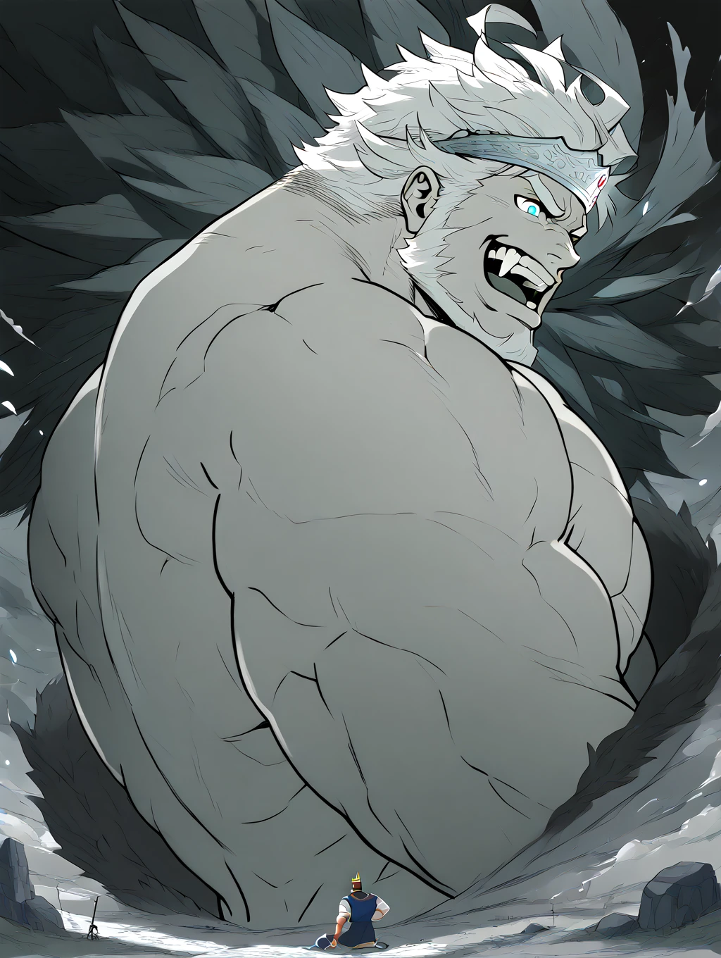 bara,crown, king, male focus, muscular male, giant, dangling a tiny human above his open mouth, vore, hungry expression, tanned， medieval king, hungry, BREAK ，score_9, score_8_up, score_7_up, score_6_up, score_5_up, score_4_up (Zoroj)