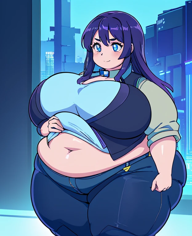 ((best quality, 4k, 8k, anime girl, masterpiece)), ((((beautiful extremely detailed face, beautiful eyes)))), glowing eyes, cinematic lighting, perfect anatomy, (((chubby, SSBBW, very obese, extremely wide waist, round belly, tall))), (((blue vest, jeens, totaly fitting clothes))), (full body view), ((purple hair, long hair, bangs, hair between eyes)), ((thick outlines, anime style, vibrant colours)), slight smile, ((low camera angle)), (((breast implants, fake tits, unaligned breasts, perfectly round breasts))), ((cyberpunk)),