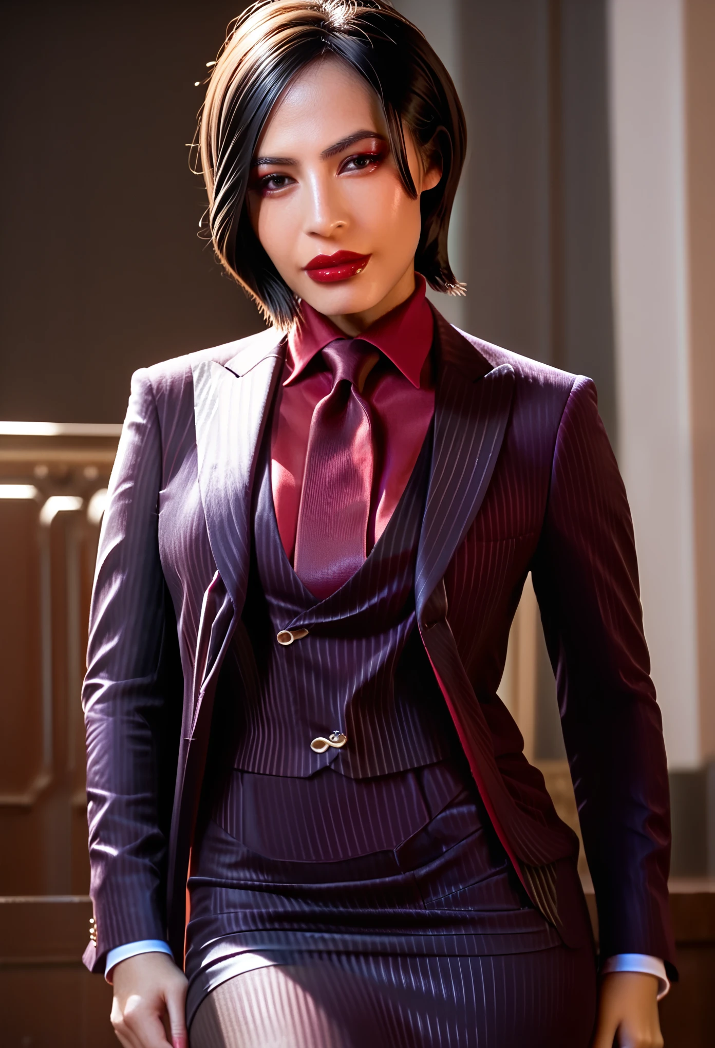 score_9, score_8_up, score_7_up, ada wong, awong_re4rm, three-piece suit, ((waistcoat)), black pinstripe skirt suit, dress shirt, red silk necktie, blazer, suit jacket, bodycon pencil skirt, red shirt, suit trim, makeup, lipstick, black pantyhose, 1girl, posing, petite, perfect face, closeup, looking at viewer, depth of field, face focus, waist up