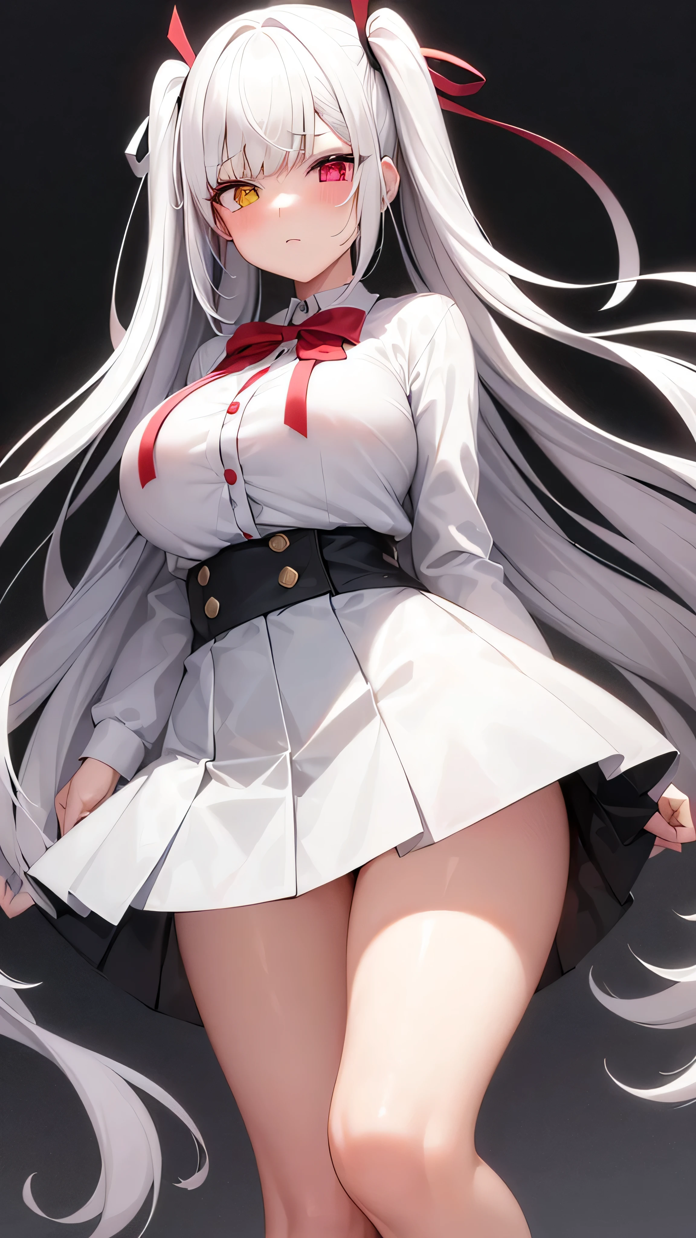 Warma：white hair,red eyes,large breast,nsfw, slip,school uniform,upskirt,skirt lift,lace panty,twin_braids,smile,ahoge,Nu Jiu（Nu Jo）：white hair,heterochromia,bule eye,yellow eye,casual wear,clear face,expressionless,low ponytail,,