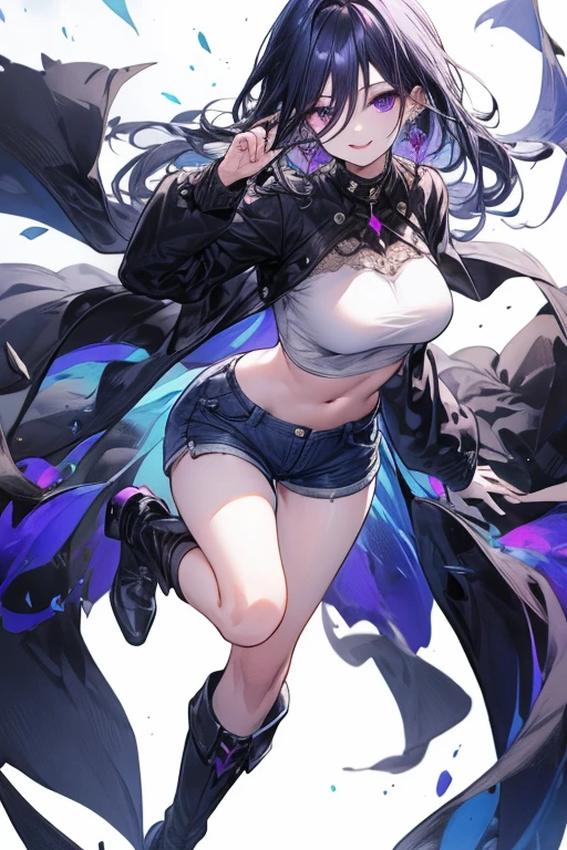 1girl, plus size, dark purple hair (long) (pigtails) (dark blue tips), lightly tan skin color, light blue eyes (glowing), wearing sleeveless turtleneck (blue), shorts (black), stockings (long) (purple), cape (purple), absurdres, high res, ultra sharp, 8k, masterpiece, looking at viewer
