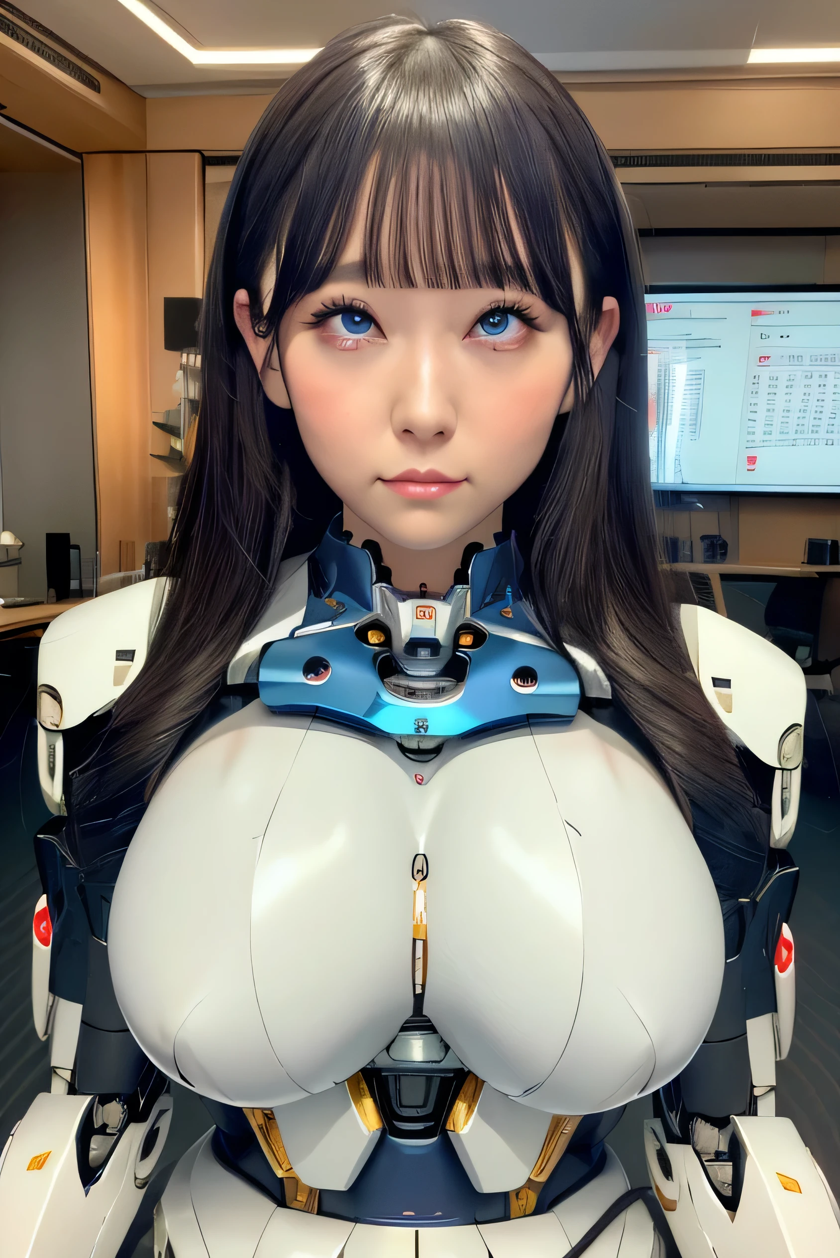 masterpiece, Best Quality, Extremely detailed, 8K portrait,Japaese android girl,Plump , control panels,Robot arms and legs, Blunt bangs,perfect robot girl,a bit chubby,white gloves,chest monitor,blue eyes,Charging spot,She is exhibits,exibition hall,promo girl,office-lady,blue eyes,rolling eyes